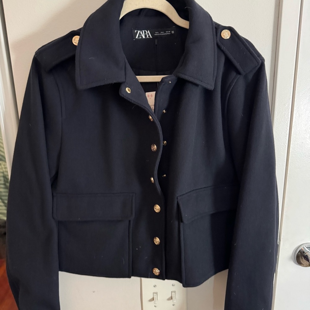 ZARA soft cropped navy gold button military style jacket blazer NWOT - Picture 5 of 9